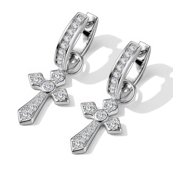Silver Hoop Huggie Earrings with Cross Charm - Picture 1 of 4